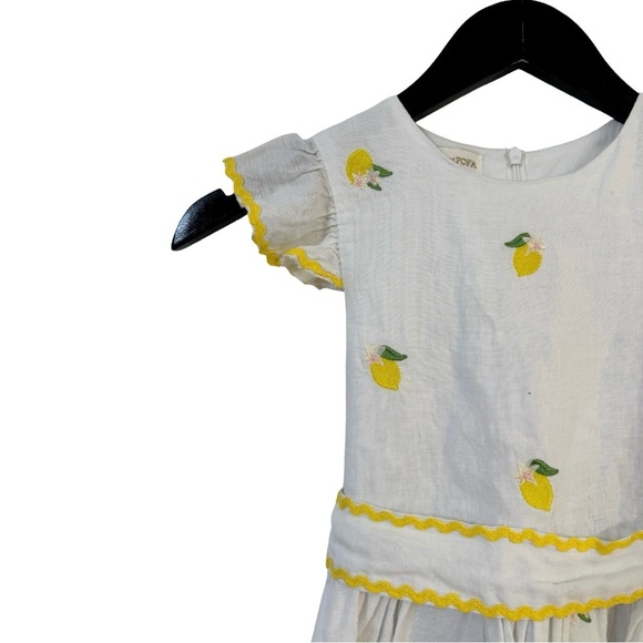 Sorci and Fofa Girls 6 Embroidered Lemon Flutter Sleeve Ric-Rac Linen Dress - Picture 15 of 16